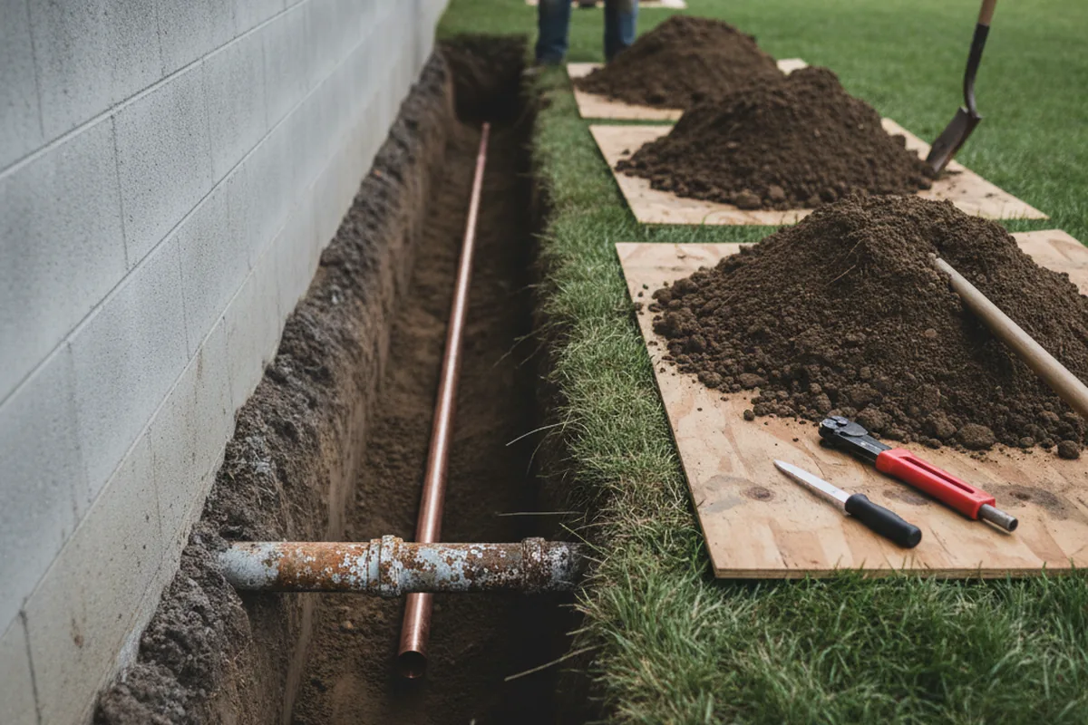 Excavated water line trench during Water Heater Repair in Mooresville